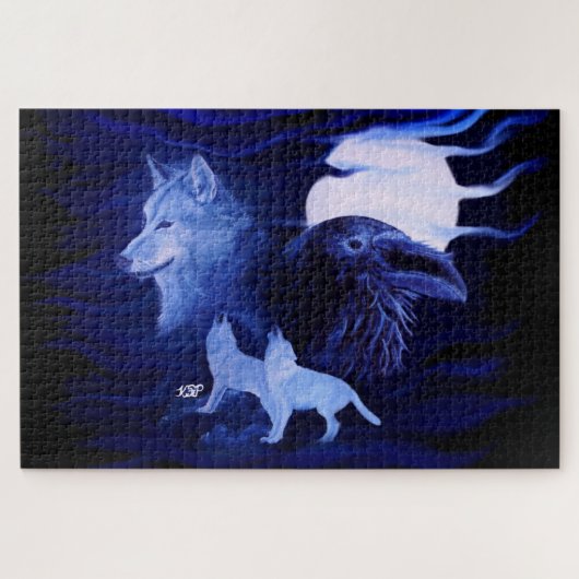 Puzzle Loups et corbeau avec pleine lune (Horizontal)