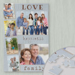 Puzzle Love Happiness Family Blue Photo Strip Collage<br><div class="desc">Puzzle photo personnalisé avec 6 de vos propres photos. Le montage photo comprend 2 images paysannes plus 4 photos de portrait, en style bande photo. Le design a une belle formulation, surtout comme un cadeau pour la famille, qui lit .. amour famille bonheur .. dans le style tendance de machine...</div>