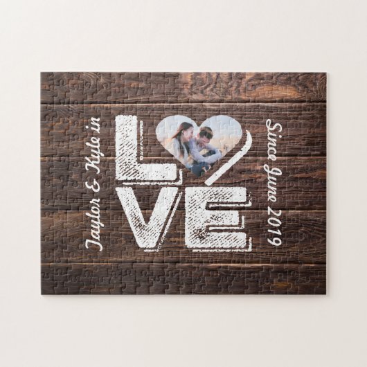 Puzzle Love Rustic Woodland Photo Heart Frame monogram (Horizontal)