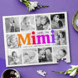Puzzle Love You Mimi Bold Rainbow 10 Photo Collage Modern<br><div class="desc">"Je t'aime Mimi." Elle aime chaque minute avec ses petits-enfants. Un visuel ludique, fantaisiste et élégant de la typographie multicolore arc-en-ciel et de la typographie manuscrite noire recouvre un coeur rose pâle et doux et un arrière - plan blanc. Ajoutez 10 photos chères de votre choix et customisez les noms...</div>