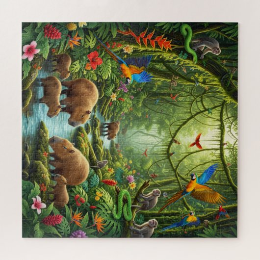 Puzzle Lush rainforest scene teeming with capybaras (Horizontal)