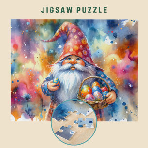 Puzzle Lutin de Pâques tenant un œuf coloré et un panier