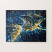 Puzzle lynx bobcat baigné de lumière néon jaune bleu (Horizontal)