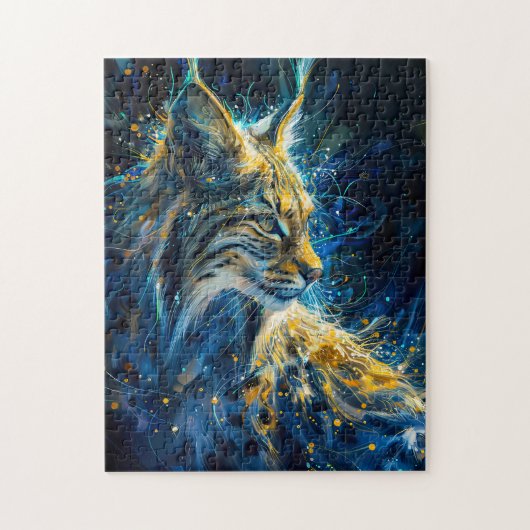 Puzzle lynx bobcat baigné de lumière néon jaune bleu (Vertical)