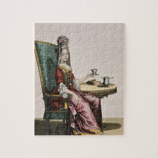 Puzzle Madame Taking Coffee, plat de mode, c.1695 (Vertical)