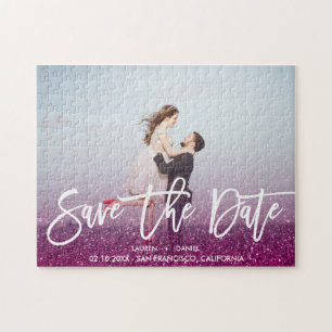 Puzzle MAGENTA Glitter Script photo wedding save the date