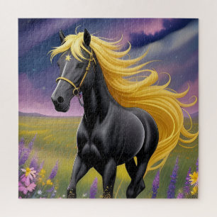 Puzzle Magnifique cheval noir à la crinière dorée ondoyan