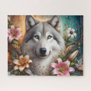Puzzle Magnifique Loup Majestueux Avec Lillies Florales