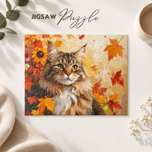 Puzzle Magnifique Maine Coon avec feuilles d'automne et t