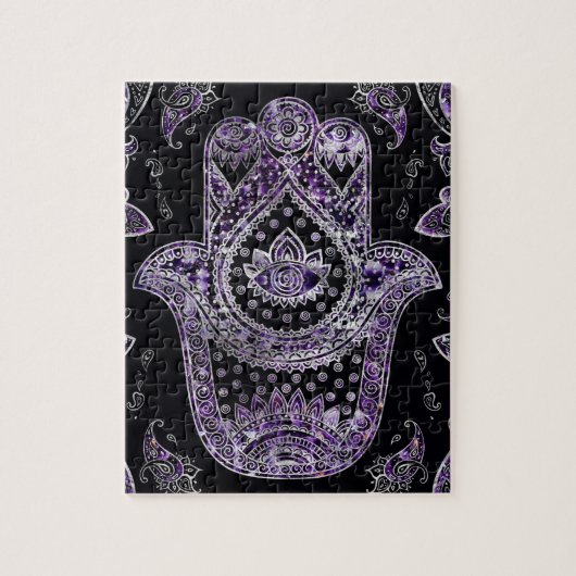 Puzzle Main de Hamsa - argent et améthyste (Vertical)