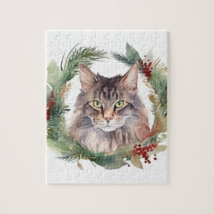 Puzzle Maine Coon Chat Noël Wreath Festive Kitten