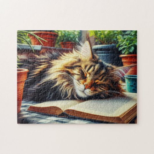 Puzzle Maine Coon Tabby Chat Dormir dans un jardin (Horizontal)