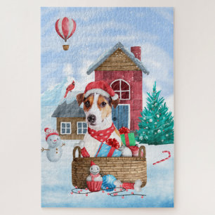 Puzzle Maison de Noël pour chien Jack Russell dans la nei