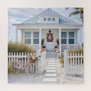 Puzzle Maison de plage blanche avec citrouilles roses et