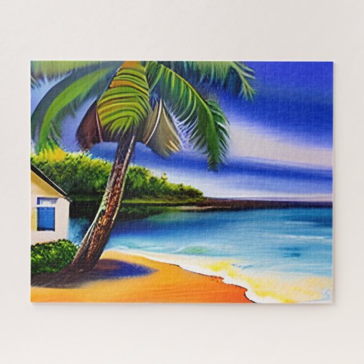 Puzzle Maison de plage blanche et eau bleue (Horizontal)