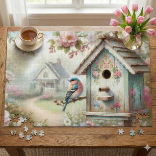 Puzzle Maison d'oiseau printanière avec fleurs pastel et 