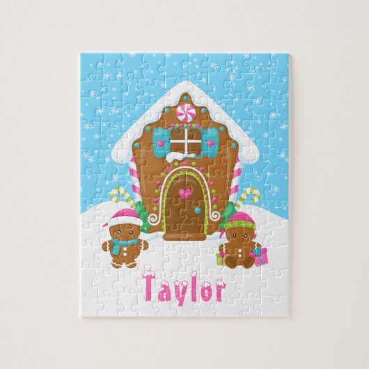 Puzzle Maison en pain d'épice de Noël rose et bleu (Vertical)