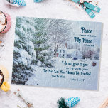 Puzzle Maison forestière d'hiver - Jean 14:27 Bible Verse<br><div class="desc">Venez profiter de la sérénité de la saison avec notre puzzle "Village d'hiver paisible". Ce puzzle enchanteur vous transporte dans un village enneigé niché au coeur d'une forêt majestueuse. Les grands pins se tiennent debout, leurs branches drapées dans la neige scintillante, tandis que les maisons, avec leurs charmants toits de...</div>
