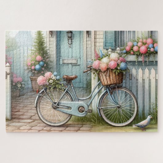 Puzzle Maisonnette Bleue avec Vélo et Panier de Fleurs Pr (Horizontal)