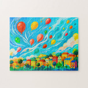 Puzzle Maisons colorées avec des ballons dans un ciel ven