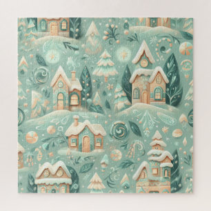 Puzzle Maisons de Noël aux motifs de vert aquarelle pour 