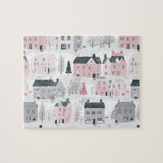 Puzzle Maisons de Noël rose gris blanc (Horizontal)