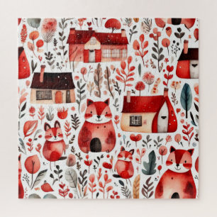 Puzzle Maisons rouges et feuille de papier mignon