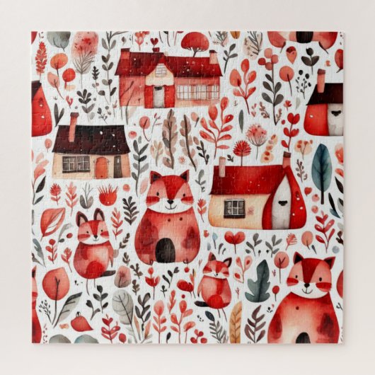 Puzzle Maisons rouges et feuille de papier mignon (Vertical)