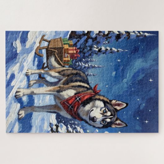 Puzzle Majestic Siberian Husky Pulling Christmas Sled (Horizontal)