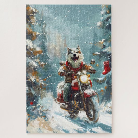 Puzzle Malamute d'Alaska à moto Noël (Vertical)