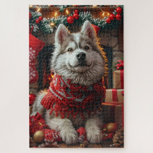 Puzzle Malamute d'Alaska avec les cadeaux de Noël cheminé (Vertical)