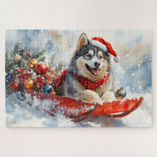 Puzzle Malamute d'Alaska dans un traîneau Laissez la neig