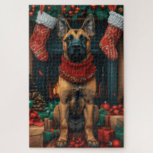 Puzzle Malinois belge avec des cadeaux de Noël Cheminée