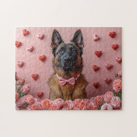 Puzzle Malinois belge avec des roses - Saint-Valentin  (Horizontal)