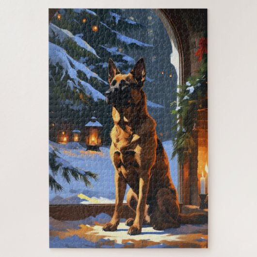 Puzzle Malinois belge avec lumières de Noël vacances (Vertical)