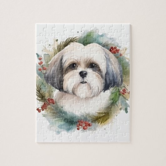 Puzzle Malti Tzu Christmas Wreath Festive Pup (Vertical)