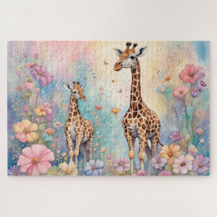 Puzzle Maman et bébé girafe dans un jardin pastel