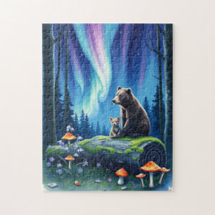 Puzzle Maman et ours de bébé et aurores boréales