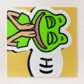 Puzzle Man with Smiling Frog Head on Yellow AI Art (Horizontal)