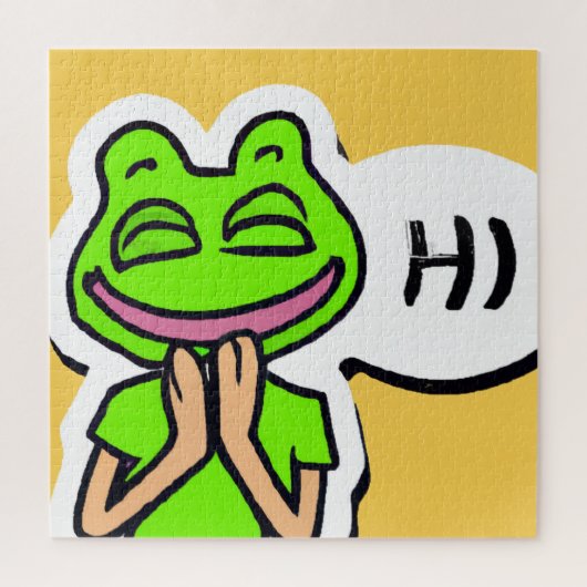 Puzzle Man with Smiling Frog Head on Yellow AI Art (Vertical)