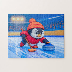 Puzzle Manchot jouant au curling sur une patinoire hivern