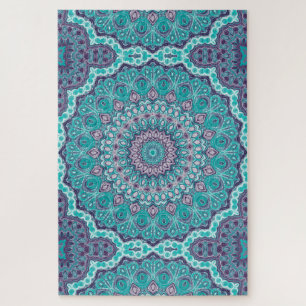 Puzzle Mandala à l'aquarelle en turquoise et violet