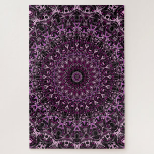 Puzzle Mandala de rose rose et noire avec géométrie flora