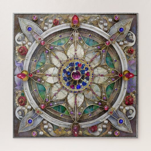 Puzzle Mandala de rubis, d'améthyste, de saphir et de per (Vertical)