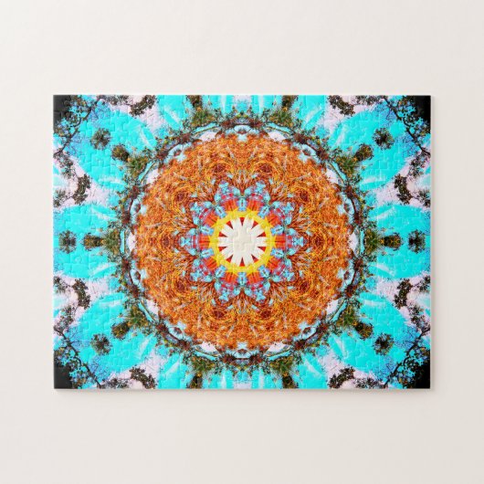 Puzzle Mandala en forme d'étoile bleu et orange lumineux (Horizontal)