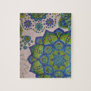 Puzzle Mandala et fleurs dans l'Aqua, les bleus et les