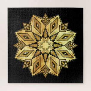 Puzzle Mandala Étoile Dorée sur Fond Noir