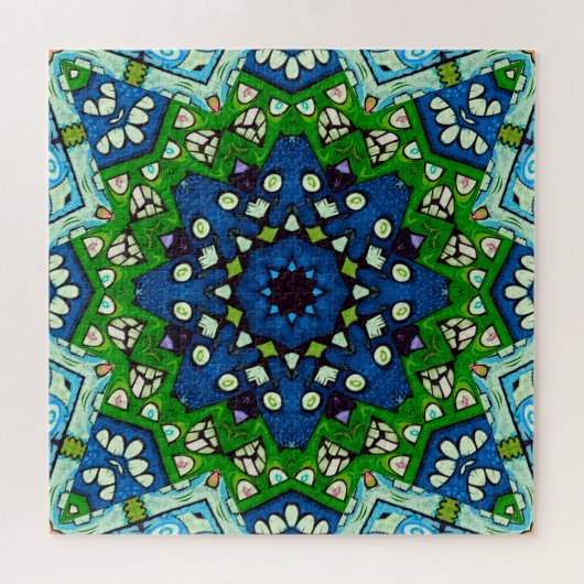 Puzzle Mandala Retro Mosaic Vert Motif bleu (Horizontal)