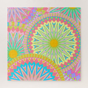 Puzzle Mandala superposé rose bleu jaune menthe violet