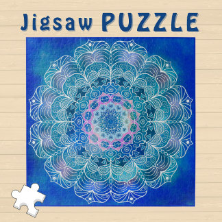 Puzzle Mandala turquoise détaillée sur fond bleu foncé